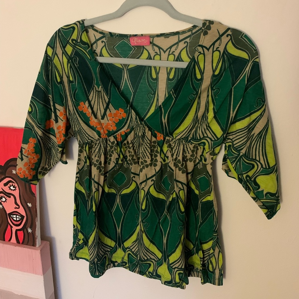 Green and yellow floral print top